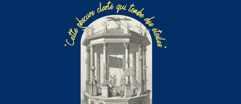 gravure d'un belvédère sur fond bleu