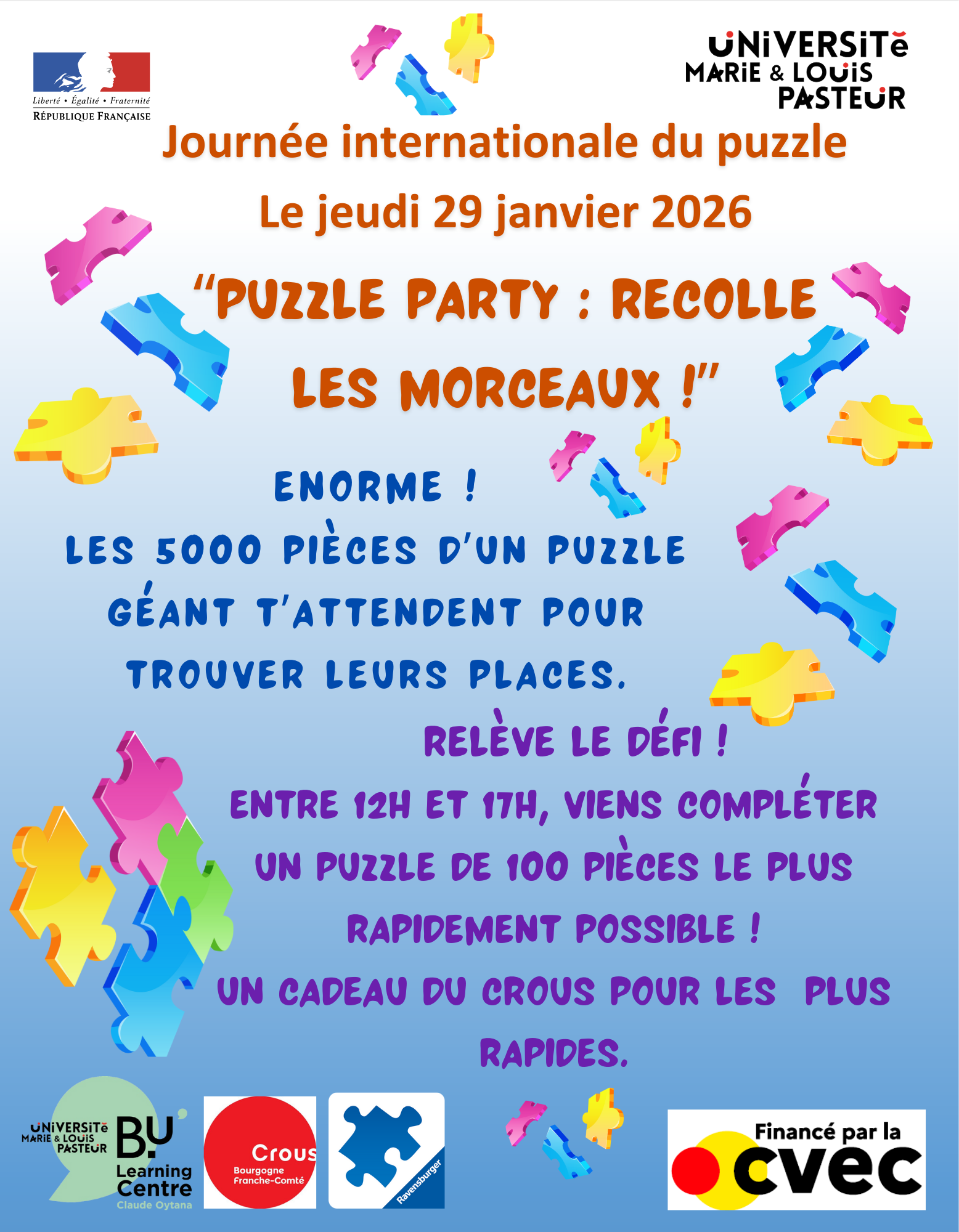 Défi puzzle géant de 5000 pièces et concours de vitesse sur des puzzles de 100 pièces, cadeau à la clé